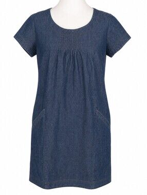 Boden Montmartre Denim Dress Shift Indigo Pintuck Bodice Short Sleeve Women 8